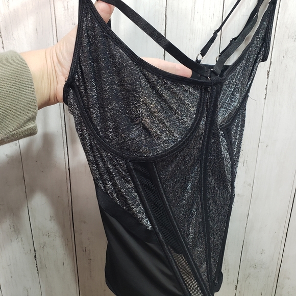 Coquette Silver Fox Boned Shimmer Knit Bustier Size Large Black Mesh Strappy. - Picture 3 of 8